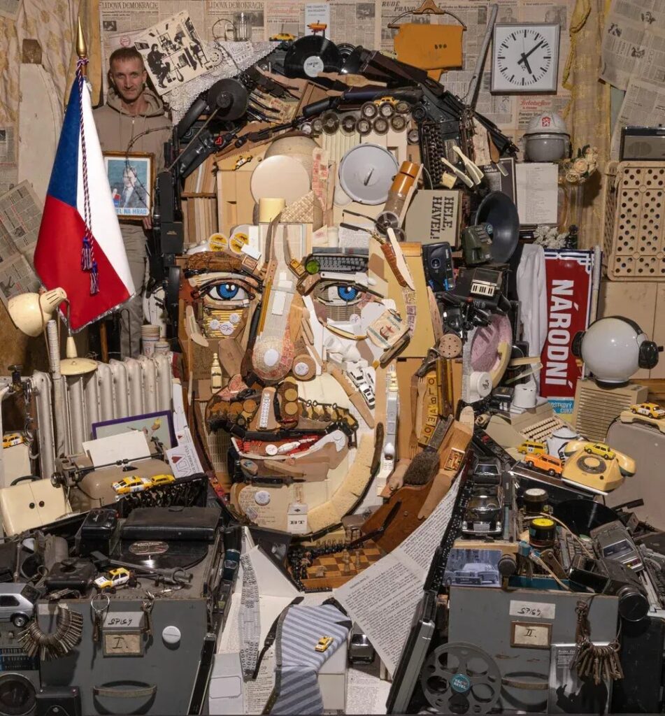 Patrik Proško’s anamorphic portrait of Václav Havel made from everyday objects, at Václav Havel Airport Prague (Image: Kiwi.com Magazine (Patrik Proško))