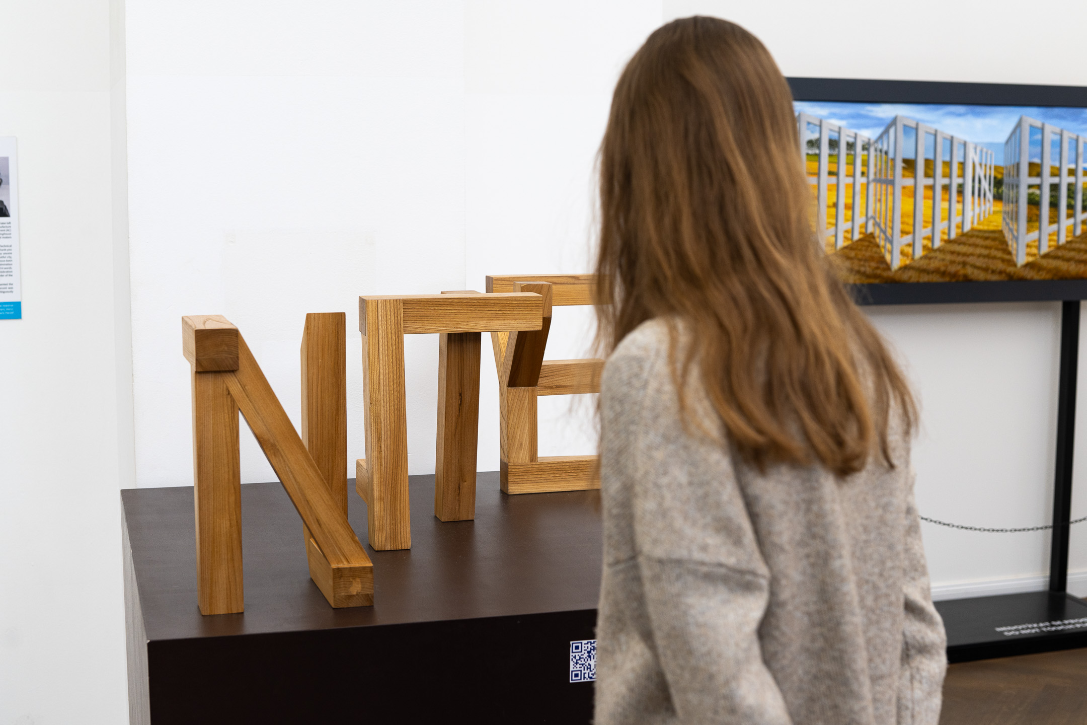 Visitor looks at a wooden letter sculpture with an illusion screen behind