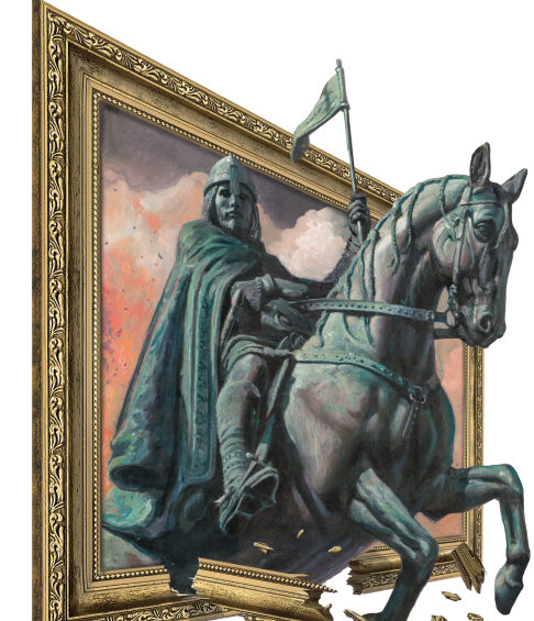 A trompe-l’œil painting of an equestrian statue stepping out of its frame at IAM (Photo: IAM)